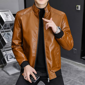 Chaqueta de cuero con cuello alto para hombre, estilo motociclista, para primavera y otoño, con cremallera, estilo casual vintage, de cuero PU. - Product Image 4