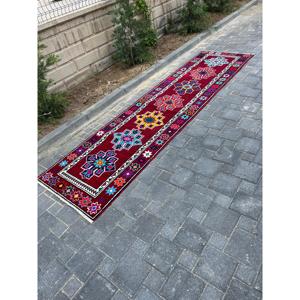 Vintage Turkish Rug, 2.8x10.9 ft <b>Runner</b> Rug, <b>Red</b> Blue Floral Wool Rug - Product Image 3