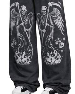 Pantalons de survêtement à jambes larges personnalisés avec imprimé de crâne de la Mort en gris anthracite, streetwear surdimensionné pour femmes, pantalon en molleton OEM personnalisé - Product Image 4
