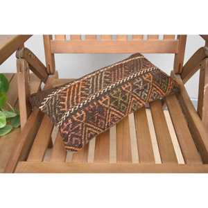 Almohada de lana de retazos Kilim marrón, cojín decorativo de 8x16 pulgadas con patrón de hojas esponjosas Vintage para uso en el suelo - Product Image 5