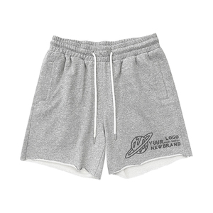 Shorts décontractés pour hommes en coton 100% avec logo personnalisé, imprimé sérigraphié, respirants, avec cordon de serrage, motif graphique et ourlet brut - Product Image 1
