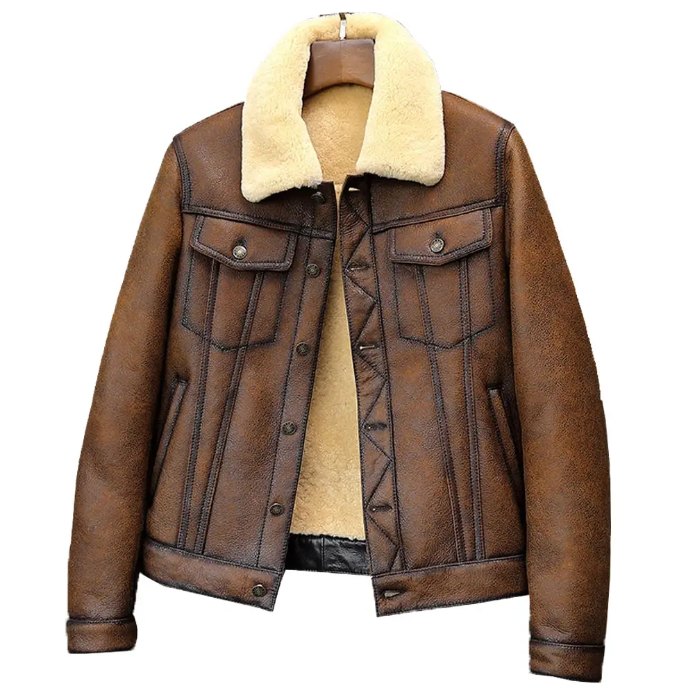 Manteau en cuir véritable pour homme, peau de mouton, blouson aviateur, aviateur, pilote