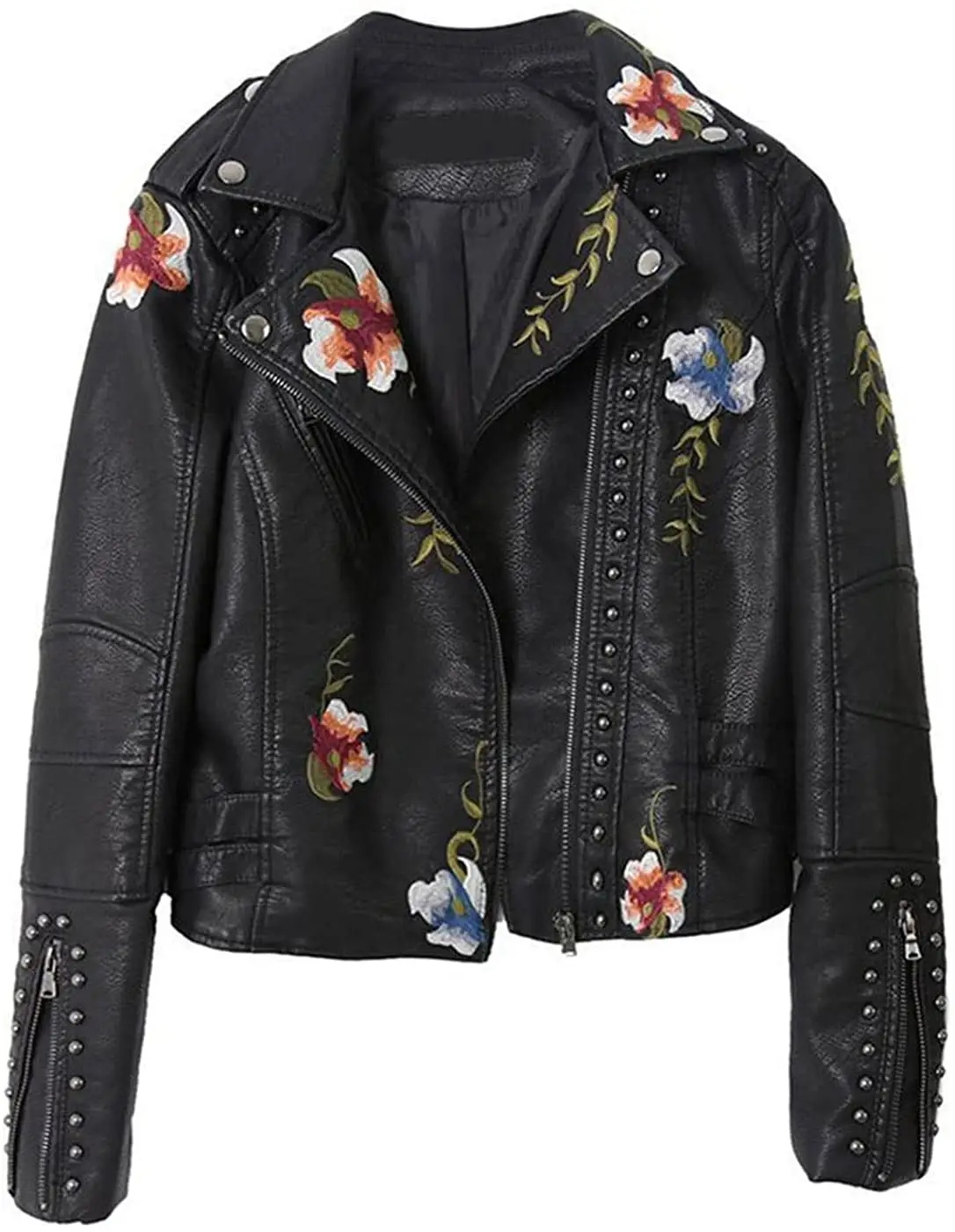 Veste courte décontractée en Faux cuir pour femme, manteau brodé Floral, fermeture éclair, coupe Slim avec ceinture