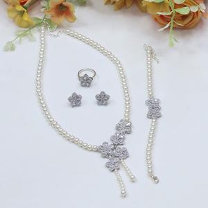 Stunning Silver Finish Pearls CZ Look <b>Necklace</b> Combo Set With Earrings <b>Ring</b> Bracelet for Party Modern Wear Collection For Women - Product Image 1
