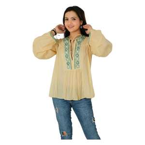 Camisas Casuales de Algodón con Encaje Bordado, Blusa Amarilla Hecha a Mano, Manga Larga, Estilo Boho, Ropa de Verano - Product Image 1