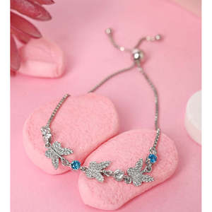 NOVAMART Fine 925 Pure <b>Silver</b> Blue Butterfly <b>Charm</b> <b>Bracelet</b> with Diamond and Pearl Rhodium Plated Beaded Bangles for Gift Wholes - Product Image 1