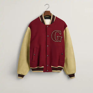 แจ็กเก็ตบอมเบอร์สำหรับทุกเพศแขนหนังแกะปักโลโก้ด้วยกำมะหยี่มีฮู้ดสไตล์เบสบอลทำจากโพลีเอสเตอร์สำหรับฤดูหนาว - Product Image 4