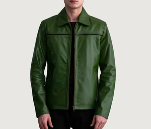 Veste en cuir PU vert pour homme, col rabattu, fermeture éclair, style décontracté, coupe classique, couleur unie, pour l'automne - Product Image 1