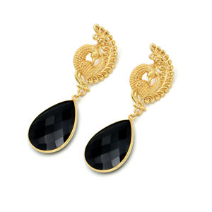 Dua Black <b>Onyx</b> Peacock <b>Earrings</b> Handmade Gold Plated Elegant Jewelry - Product Image 3