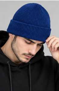 Blue Knitted <b>Beanie</b> <b>Hat</b> <b>Men</b> Solid Color Winter Warm Cap Casual Style 100% Wool Handmade <b>Beanie</b> 56-58CM Head Cycling Beach - Product Image 2