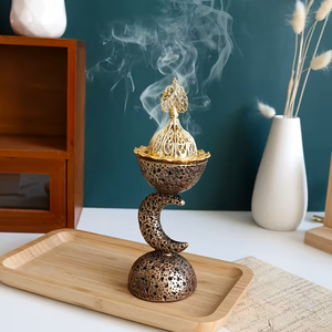 vintage Brass Incense Burner with Deer <b>Figurine</b> Lid and Geometric Cutouts For bakhoor & Oud - Product Image 5