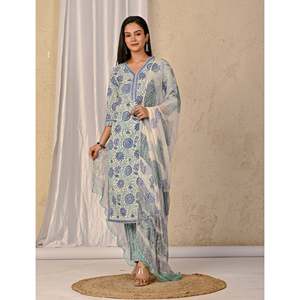 White Jaal <b>Block</b> <b>Printed</b> Cotton Anarkali Suit Elegant Ethnic Salwar Pant Set for Parties Special Occasions Latest Designs Net - Product Image 4