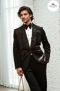 เสื้อคลุมสูทผู้ชายเสื้อทักซิโด้2ชิ้นสีดำ - Product Image 4