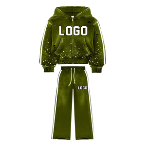 Top qualité 100% coton luxe Tech polaire surdimensionné hommes survêtement Logo 2 pièces ensemble respirant sweat à capuche flare Jpants poids lourd - Product Image 1