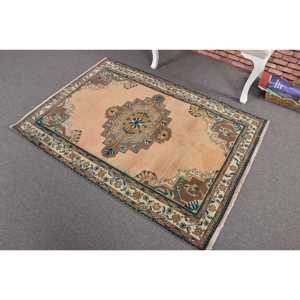 3.4x4.9 ft Vintage Turkish Rug, Accent Rug, <b>Brown</b> Blue Striped <b>Wool</b> Rug - Product Image 2