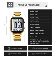 Montre sport numérique SKMEI 2259 plaquée or de luxe pour hommes - Bracelet en acier inoxydable, chronomètre, résistante à l'eau, alarme, lumineuse