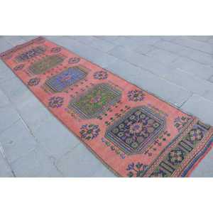 พรมวินเทจ ขนาด 2.9x11.7 ฟุต สีแดงน้ำเงิน ลายพิมพ์นามธรรม พรมขนสัตว์ตุรกี - Product Image 2