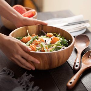 Vente chaude bol à salade en bois d'acacia avec ensemble de serveurs bol en bois de haute qualité avec cuillère pour salades de fruits et décoration - Product Image 5