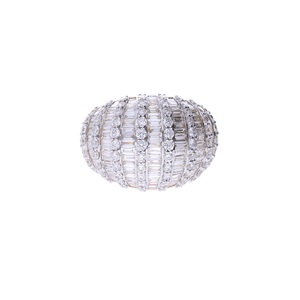 14K Gold Rhodium Plated <b>Dome</b> <b>Ring</b> with Bold Multi-Row Statement Design Natural Baguette Diamonds Alternating Rows for Women - Product Image 1
