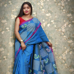 Por encargo tradicional artesanal hecho Khadi algodón Saree amarillo granate bloque estampado uso diario étnico drapeado - Product Image 1