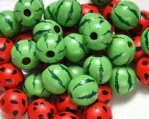 16mm Wooden Beads Melon White Red Pattern painted Wood beads Custom Colored shaped sized Wooden Beads Made In India