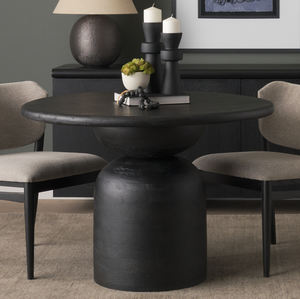 Aggressive Bold Look Black <b>Wood</b> Stacked Pedestal Base Solid <b>Wood</b> With Sandblasted Natural Grain Round Shape Home Dining <b>Table</b> - Product Image 1
