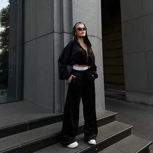 Ensemble de survêtement en velours de haute qualité personnalisé |   Nouvelle mode, pantalon large pour femmes, streetwear, ensemble décontracté pour le travail, vente en gros - Product Image 5