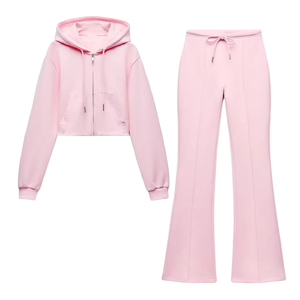 Conjunto de Pantalones Acampanados con Cordón y Chaqueta Corta Informal Sólida de Otoño para Mujer, Estilo Deportivo con Capucha y Cremallera, Largo hasta la Rodilla - Product Image 5