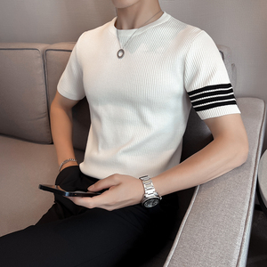 เสื้อถักคอกลมลายทางสำหรับผู้ชายเสื้อยืดสีดำสีขาวระบายอากาศได้ดีหรูหรามี2023สำหรับฤดูใบไม้ร่วง - Product Image 3