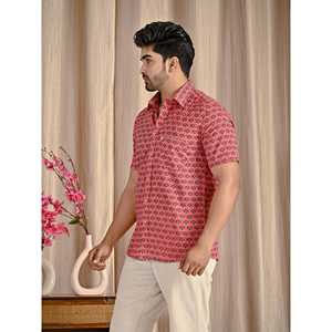 Chemise décontractée pour homme en coton pêche imprimé, col montant, manches courtes, tissu popeline respirant, taille 6XL - Product Image 4