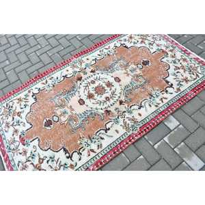 Turkish Vintage Rug, 3.7x6.6 ft Area Rug, <b>Brown</b> Bordered Rug - Product Image 2