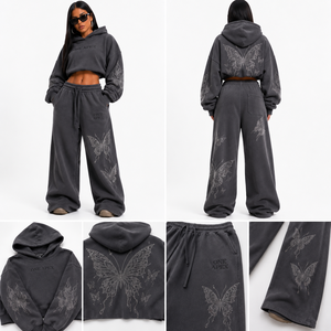 ONEAPEX SPORTS WEAR Survêtement pour femme avec sweat à capuche court gris anthracite orné de strass papillon, en coton épais de qualité supérieure, coupe large - Product Image 6
