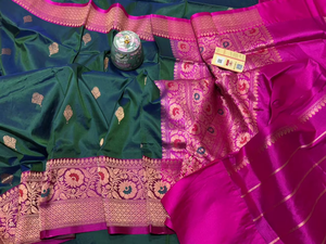 Sari authentique en soie pure Banarasi Katan, tissé à la main, traditionnel, protection solaire, séchage rapide, riche tissage Zari contrasté - Product Image 4