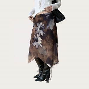 Falda de gasa vintage con estampado floral para mujer, cintura baja, dobladillo asimétrico, estilo transparente, para ropa de calle de verano 2026 - Product Image 4