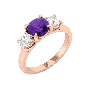 Amethyst Trilogy Ring Round Lab Grown Diamond Purple Amethyst 1.50 Ct F-SI2 14K Solid Gold Trilogy Setting <b>Peaceful</b> Jewelry - Product Image 2