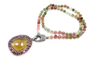 Argent Perle Bio Tourmaline Collier Perles Multi-Tourmaline Pave Diamant Pendentif Naturel Facettes Pierre De Luxe Bio Tourmaline - Product Image 1