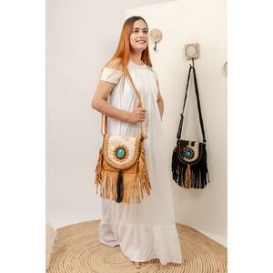 Nuevo estilo occidental Hair On Hide Fur Suede Leather Fringe Bag Bolso de hombro de cuero bohemio de alta calidad para mujer con piedra turquesa - Product Image 2