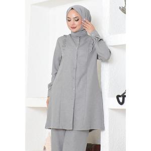 Hauts longs décontractés gris MSW19224-5 avec détail volanté, longueur midi, 100 % polyester, coupe classique, ensemble - Product Image 2