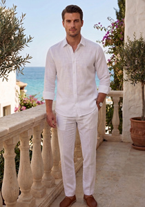 Ensemble chemise et pantalon décontracté pour homme en lin/coton, col mandarin blanc, respirant, écologique, été, ODM - Product Image 2