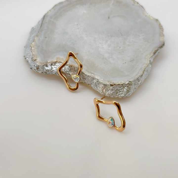 Trendy Irregular Geometric Earrings with Swarovski Crystals Gold Plated Brass