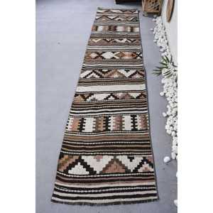 Alfombra turca vintage Bohemia marrón beige 2.5x10.5ft diseño de retazos material de lana de látex para entrada alfombra rectangular de cabecera - Product Image 1