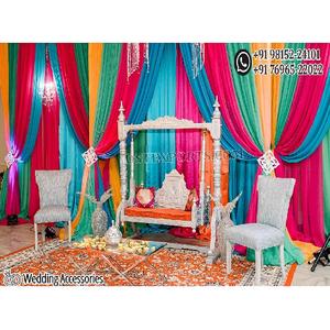 Pretty Punjabi Wedding Sangeet Stage Swing Set Modern Mehndi Stage Silver Swing con silla Ladies Sangeet Decor StageWith Swing - Product Image 1