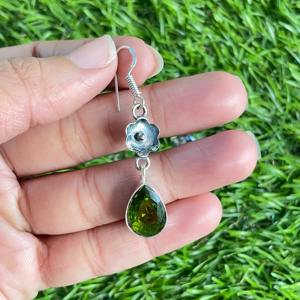 ต่างหูสไตล์โบฮีเมียนชุบเงินสเตอร์ลิง925อัญมณีสีเขียวประดับด้วยฝาหินธรรมชาติ - Product Image 4