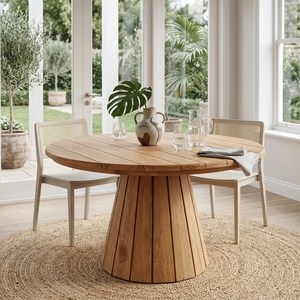 <b>Outdoor</b> Solid Teak Wood <b>Round</b> Dining Set Fluted Pedestal <b>Table</b> Woven Rattan Webbing Armchairs Garden Furniture Setup Decor - Product Image 5