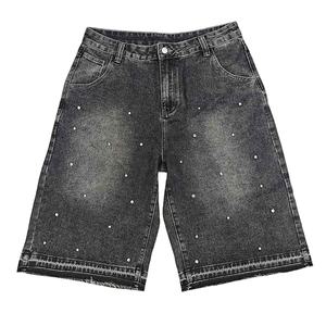 Shorts en jean en coton écologique respirant taille mi-haute coupe ample style streetwear d'été avec logo personnalisé et strass pour hommes - Product Image 1