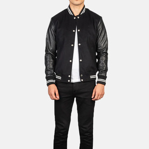 High Quality Men's Genuine <b>Leather</b> 100% Wool Waterproof Windproof <b>Winter</b> Varsity <b>Jackets</b> with Stand Collar and Front Logo - Product Image 4