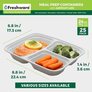Freshware Meal Prep Containers [25 Pack] 3 Compartment with Lids, Food Storage Containers <b>Freezer</b> Safe (24 oz) - Product Image 6