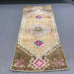 Turkish Vintage Small Rug 1.1x2.7 ft, <b>Brown</b> Pink Floral <b>Wool</b> Rug - Product Image 2