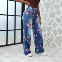 2025 été décontracté taille haute imprimé jean pour femmes ample droit Tube motif fleuri Denim pantalons longs plaine printemps
