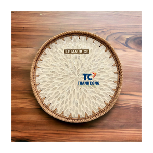 Bandeja de ratán redonda natural hecha a mano de alta calidad con incrustaciones de nácar Bandeja de servicio decorativa al por mayor de alta calidad - Product Image 2